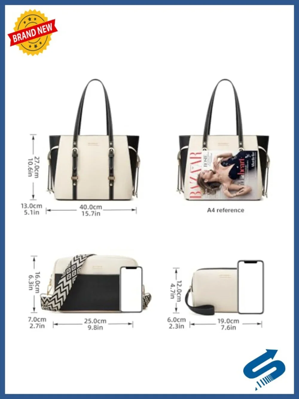 Faux Leather Handbag Tote Satchel Set with Crossbody & Cosmetic Bag